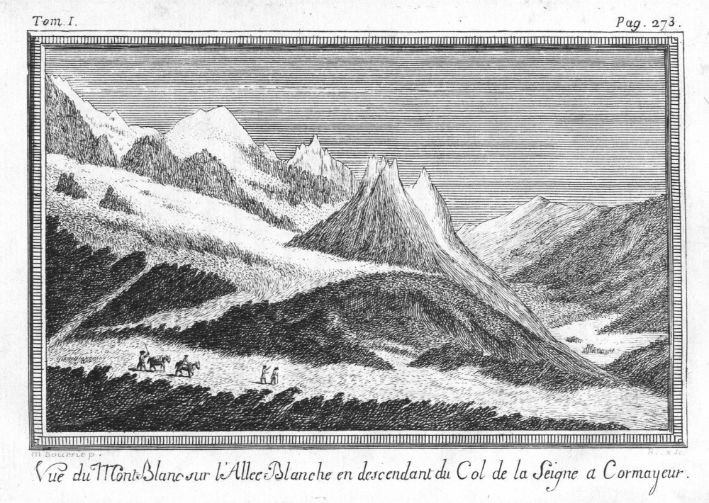 Vue du Mont-Blanc sur l'Allée Blanche en descendant du Col de la Seigne a Cuormayeur. Bibliothèque d'Annecy.<br>