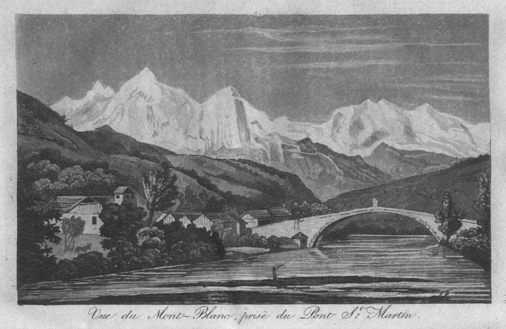 Vue du Mont-Blanc, prise du pont de St-Martin. Manuel du voyageur en Suisse parJohann Gottfried Ebel - A Paris, Audin, libraire, 1834 - In 8. Bibliothèque d'Annecy.<br>