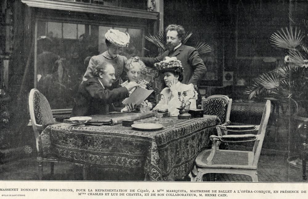 Jules Massenet en compagnie d'interprètes et du librettiste Henri Cain.