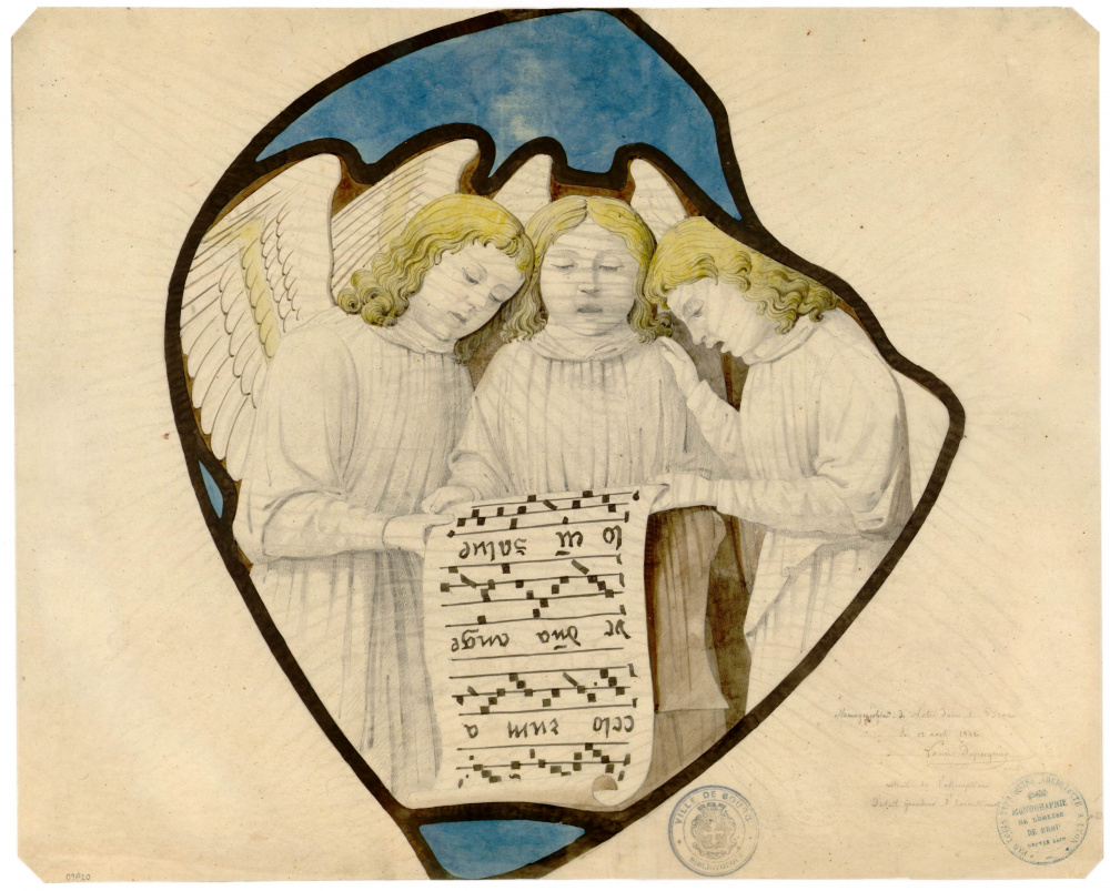 Anges chanteurs du vitrail de l'Assomption de la Vierge dans l'église de Brou, 1842. Médiathèque Élisabeth et Roger Vailland de Bourg-en-Bresse.