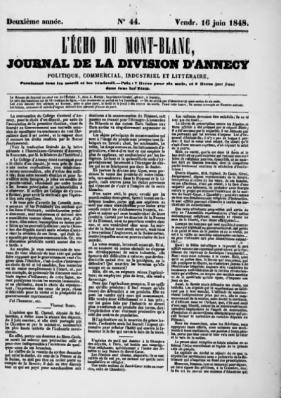 L'Écho du Mont-Blanc du vendredi 16 juin 1848, numéro 44, deuxième année. Page 1.