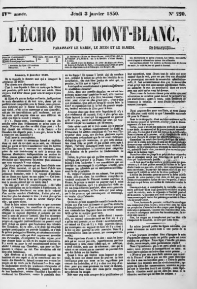 L'Écho du Mont-Blanc du jeudi 3 janvier 1850. Page 1.