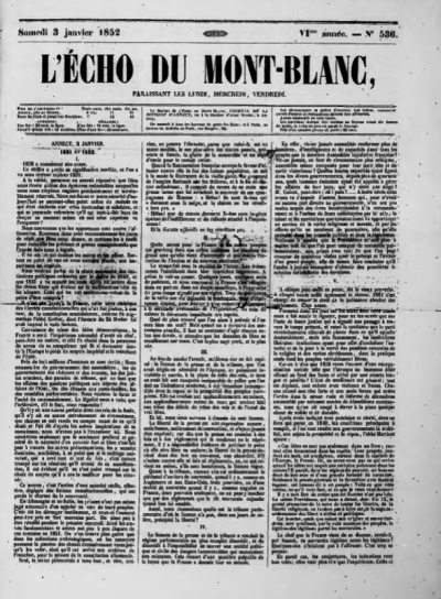 L'Écho du Mont-Blanc du samedi 3 janvier 1852. Page 1.