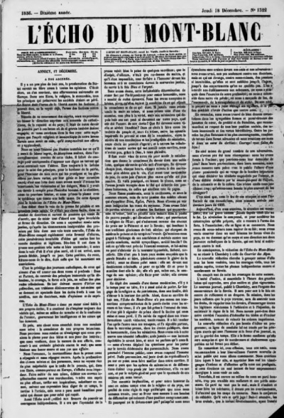 L'Écho du Mont-Blanc du jeudi 18 décembre 1856. Page 1.