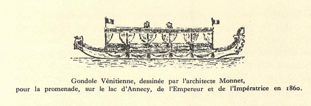 Gondole vénitienne, pour la promenade, sur le lac d'Annecy, de l'Empereur et de l'Impératrice en 1860. La plaisante et ancienne ville d'Annecy en Savoie, A. Gruffaz, 1937. © Médiathèque d'Annecy.<br>