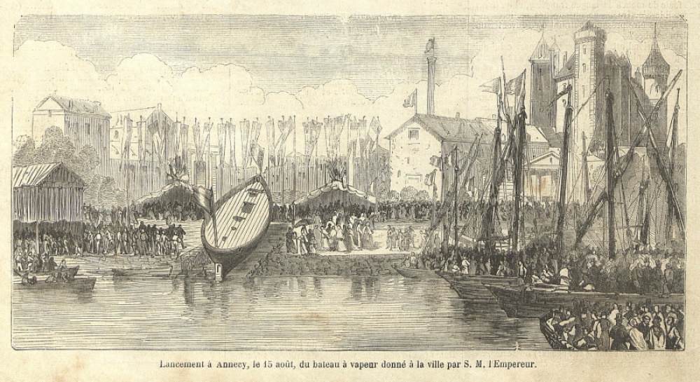 Lancement à Annecy, le 15 août, du bateau à vapeur donné à la ville par S. M. l'Empereur. Le monde illustré, 1861. © Médiathèque d'Annecy.<br>