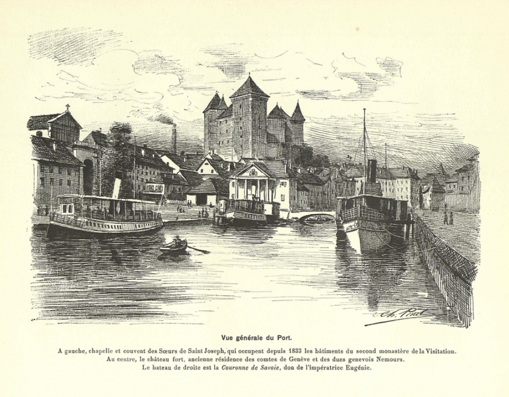 Vue générale du port et de ses bateaux . Le vieil Annecy, Croquis et souvenirs, Charles Pinet, 1910. © Médiathèque d'Annecy.<br>