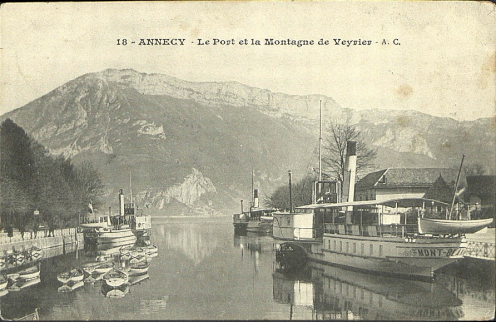 Vue du Mont Veyrier depuis le port d'Annecy. © Médiathèque d'Annecy.<br>