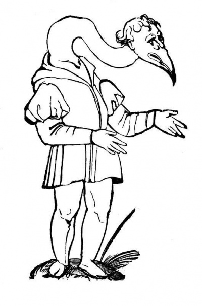 L'homme-oiseau, Planche de coloriage tirée de : Vlyssis Aldrovandi..., Mouton-Fontenille de La Clotte, Marie-Jacques-Philippe, 1769-1837 (extrait du livre)<br>