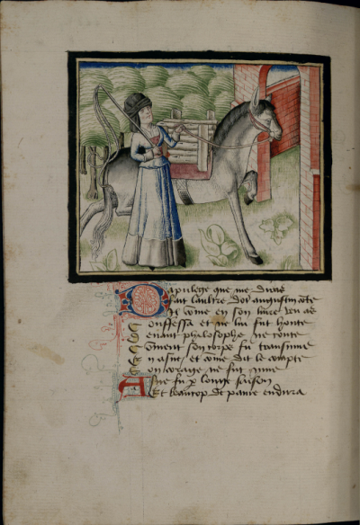 Champion des dames, MS. 352, 15e siècle. Bibliothèque municipale de Grenoble. Miniature représentant une femme et son cheval.