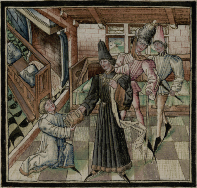 Champion des dames, MS. 352, 15e siècle. Bibliothèque municipale de Grenoble. Miniature représentant la présentation du manuscrit.