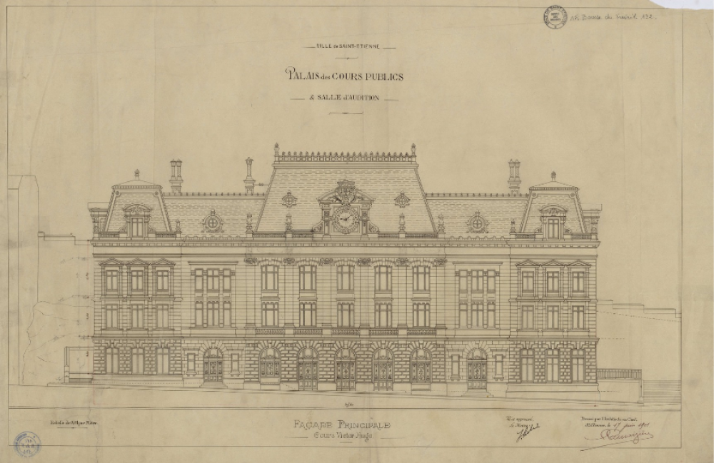 Plan en élévation de la Bourse du travail, 1901&nbsp; - 1 FI BOURSE DU TRAVAIL 132. Archives municipales de Saint-Étienne.<br>