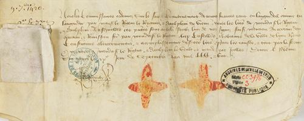 Vue du document Le Droit de rêve, 1420,&nbsp; Archives municipales de Lyon (cote : CC/3976, pièce 3 ).<br>