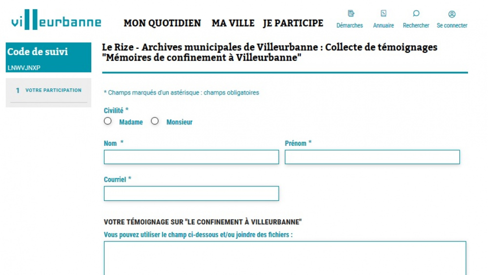 Formulaire "Mémoire de confinement à Villeurbanne".<br>