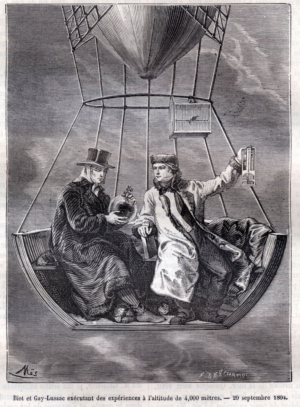 Biot et Gay-Lussac exécutant des expériences à l'altitude de 4 000 mètres le 20 septembre 1804. Extrait de "La Nature" 1874, p. 328