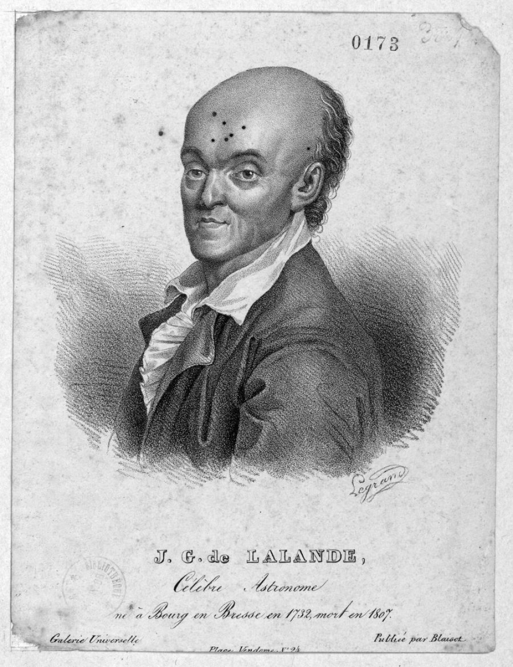 Legrand. [Portrait de Joseph Jérôme Lefrançois de Lalande] s.d. Lithographie. 19 x 14,5 cm. Bibliothèque de Bourg-en-Bresse, IllA0173 <br>