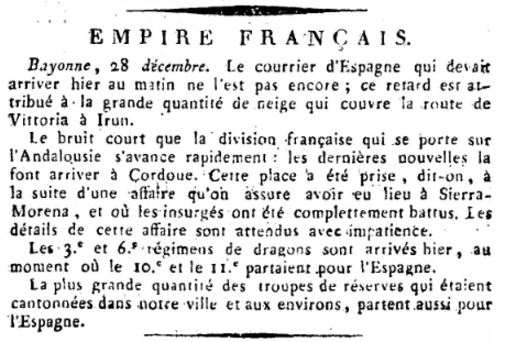 Journal du Département de l'Ain, mercredi 11 janvier 1809, Bourg-en-Bresse : A.J.M. Janinet imprimeur, p.1