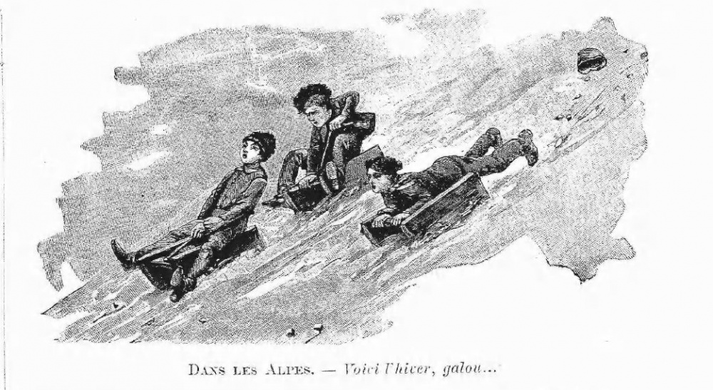 Gravure Dans les Alpes, Voici l'hiver, galou... Les Alpes illustrées du 3 décembre 1892. Médiathèque Jean-Jacques Rousseau de Chambéry.