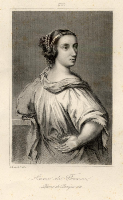 [Portrait de Anne de France, duchesse de Bourbon]. s.d. Gravure sur acier. 23,11 x 31,83 cm. Archives de la Loire, CHPOR060_0001 <br>