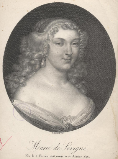 N. H. Jacob. [Portrait de Marie de Rabutin-Chantal, Marquise de Sévigné]. s.d. Lithographie. 32,2 x 24,1 cm. Bibliothèque de Valence, 112_0_0233a.