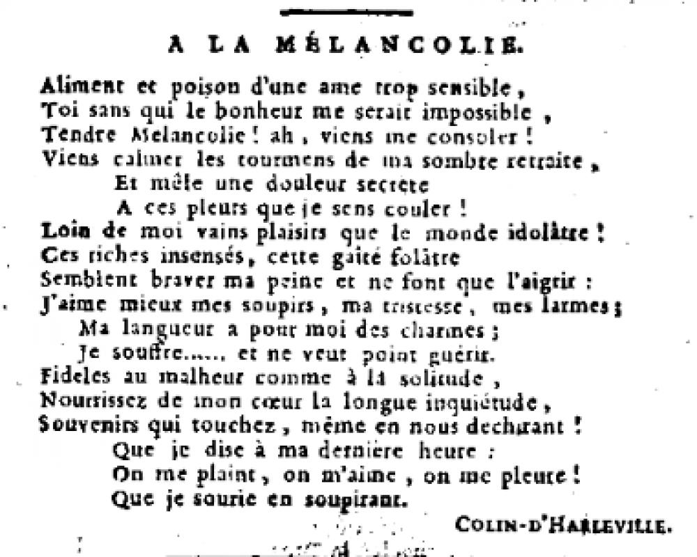 &nbsp;"À la mélancolie" in Journal du Département de l'Ain, mercredi 2 janvier 1811, Bourg-en-Bresse : A.-J.-M. Janinet&nbsp; imprimeur, p.2<br>