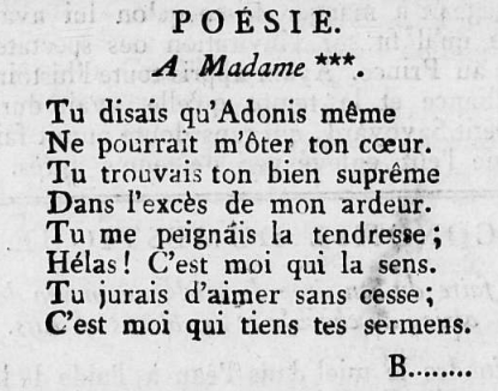 "À Madame ***" in Journal politique et administratif du Département de la Drôme, Poésie, samedi 21 décembre 1811, Valence : Marc AUrel imprimeur, p.8<br>